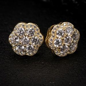 Large Hip Hop Flower Yellow Gold Sterling Silver Cluster  Stud Earrings